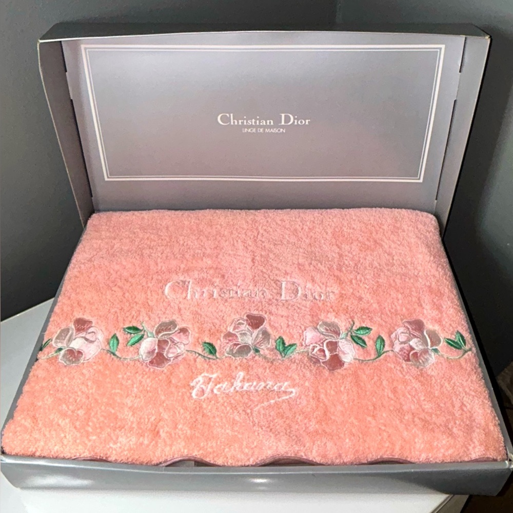 Christian Dior Peach Pink Floral Embroidered Bath Towel in Box